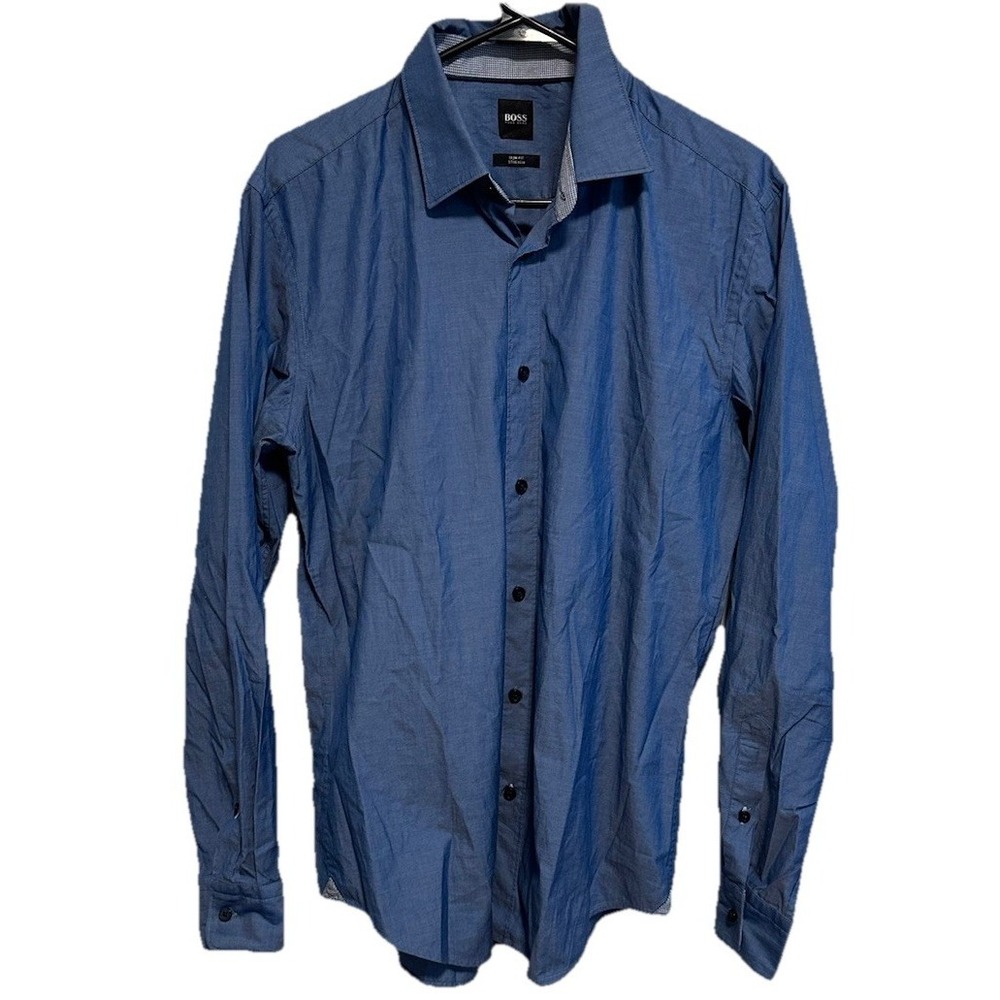 Hugo Boss Men's Slim Fit Stretch Dress Shirt Blue Size Large Cotton Button Up